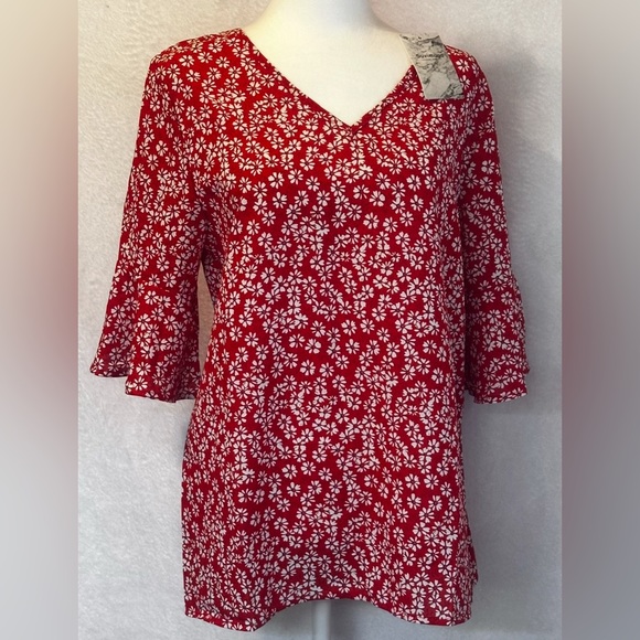 Floral Orangey Red Women's Top Size Medium - Picture 1 of 5